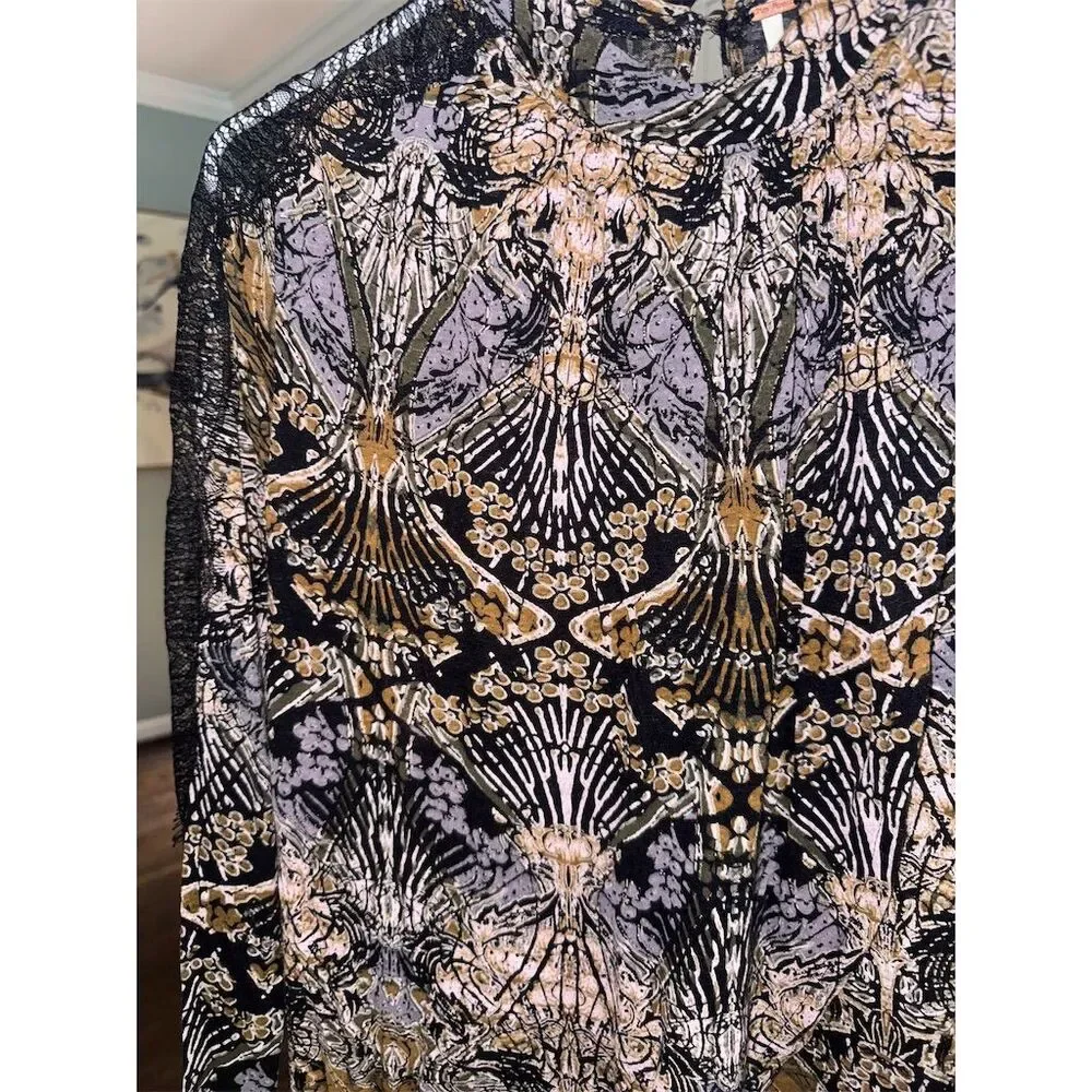 Free People Women's XS Tulip‎ Drape Nouveau Blouse Top Boho Coal Combo Lace